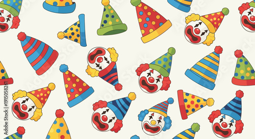 Colorful clown hats and faces scattered playfully across a bright background