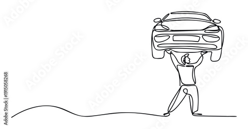 Single continuous line drawing of a person powerfully lifting an automobile overhead, representing automotive strength, car services, vehicle support, or mechanic assistance concepts.