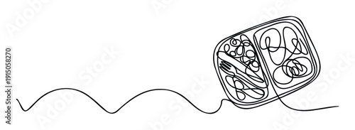 Continuous line drawing of a healthy bento box lunch with various food items and a fork, ideal for promoting meal prep, diet, or food delivery services