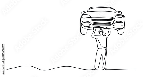 Monoline drawing of an individual lifting a compact car above their head, representing powerful automotive solutions, mechanical expertise, and reliable vehicle support services.