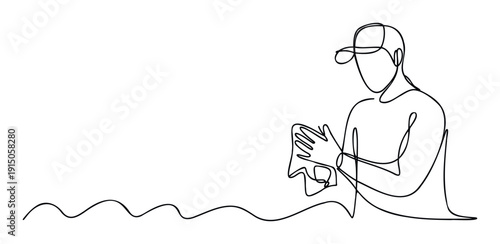 Single line drawing portraying a man in a cap, actively engaged in a cleaning activity, ideal for promoting service businesses, demonstrating product usage, or illustrating concepts of