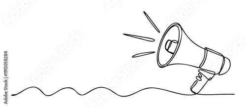 Minimalist continuous line drawing of a megaphone emitting sound waves representing communication and important announcements perfect for marketing or public speaking concepts