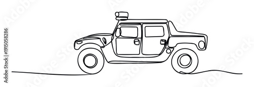 Continuous line drawing depicting a rugged offroad vehicle ideal for automotive industry promotions, adventure travel themes, or transportation service presentations