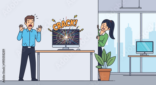 A surprised office worker reacts to a computer crash while a colleague watches