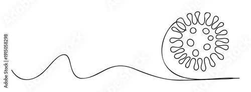 Simple continuous line drawing of a pathogen or microbe organism emerging from a wavy line, suitable for medical, science, or healthrelated visual communications and educational materials.