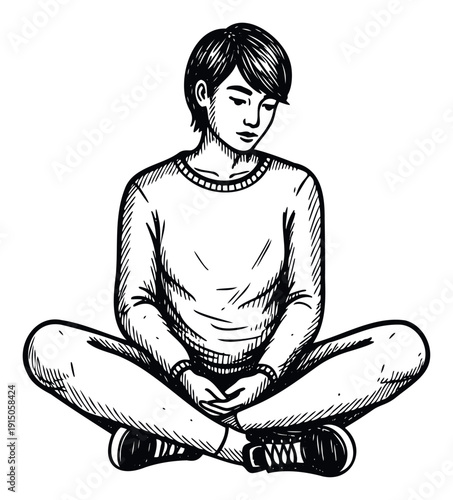 Asian person practicing mindful meditation sitting in a serene pose, perfect for health, wellness, and mental peace concepts for various calming and reflective projects