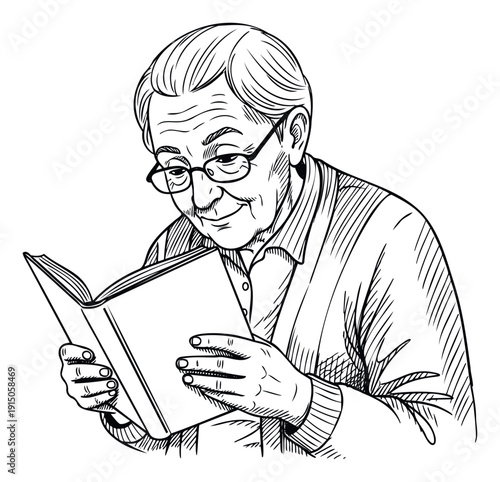Elderly man wearing eyeglasses happily enjoying a good book, depicting learning, relaxation, and a lifelong pursuit of knowledge for educational and lifestyle publications