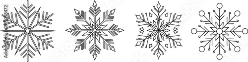 Flat vector illustration of geometric snowflake designs, black and white symmetrical winter icons, decorative seasonal patterns, abstract frosty shapes, stylized art