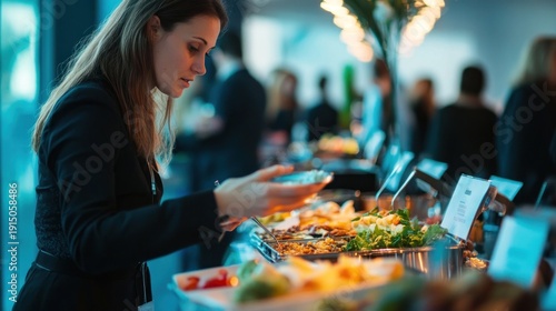 Professional Woman Serving Herself Healthy Food from a Buffet at a Corporate Business Event