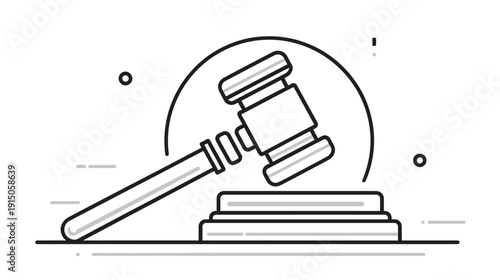 A simple, graphic depiction of a gavel, over an arched outline, and on a wooden block
