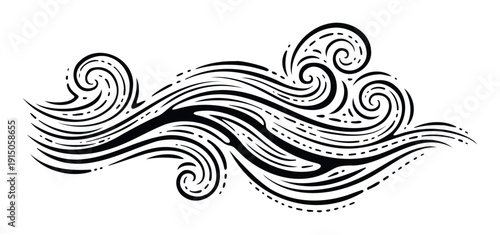 Dynamic monochrome liquid motion graphic featuring swirling brush strokes and dashes perfect for contemporary visual communication or stylish brand identity elements