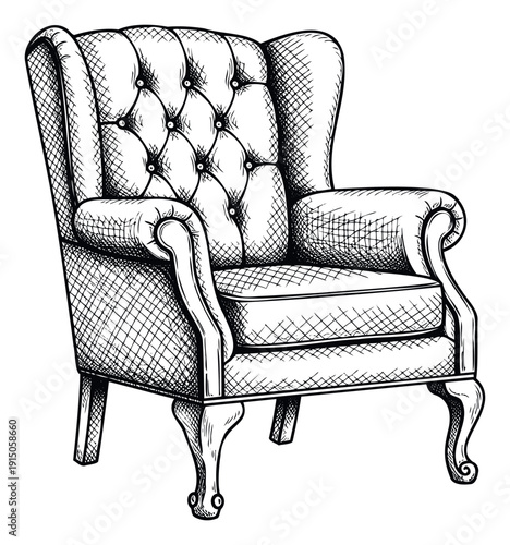 Elegant hand drawn upholstered armchair in a classic engraving style perfect for vintage furniture advertisements or luxurious interior design projects