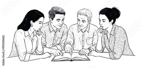 Four people, two men and two women, actively collaborating and focusing on an open book, representing teamwork, learning, and knowledge sharing in educational or business contexts