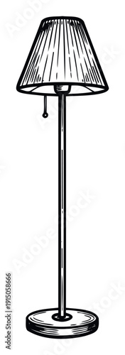 Elegant black and white sketch of a standing lamp with a tapered shade and sturdy base suitable for lighting fixture advertisements or traditional interior concepts.