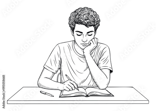 Young student diligently writing in an open book with a pen at a desk, perfect for educational materials, academic publications, study guides, and content about learning and concentration.