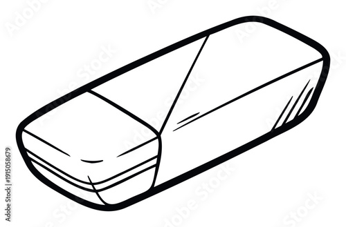 A simple black and white line drawing of a classic rectangular eraser, perfect for educational materials, office supply catalogs, or basic graphic design projects needing a clear stationery