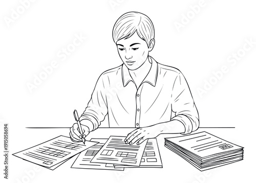 Young Asian man diligently writing and reviewing financial documents on a desk, perfect for depicting business, study, or tax preparation concepts
