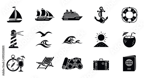 Collection of travel and sea vacation icons depicting various elements like ships, beach accessories, and navigation tools perfect for tourism brochures and holiday advertisements