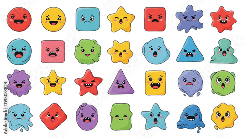 Collection of various colorful emoticon shapes on a grid layout