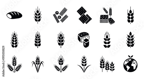 Assortment of essential food icons including wheat ears, baked bread, pasta, and crackers, perfect for depicting agriculture, baking, nutrition, and food production concepts across various