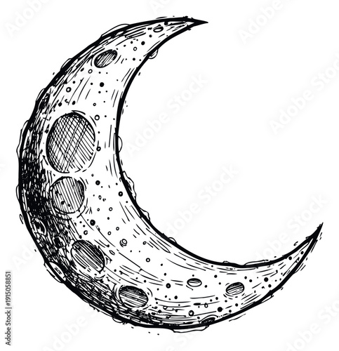 Stylized crescent moon with textured surface and visible craters, perfect for astronomical studies, celestial themed projects, or decorative spiritual content