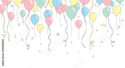 Colorful balloons floating against a white background with falling confetti