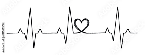 A simple hand drawn black heartbeat line with an abstract heart shape illustrating love and vitality, perfect for medical healthcare presentations or romantic event branding
