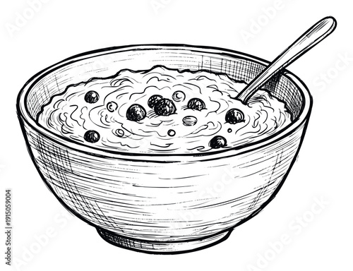 A hand drawn sketch of a nutritious breakfast meal featuring oatmeal with fresh berries and a spoon, perfect for healthy food blogs cookbooks menus and morning meal advertisements.