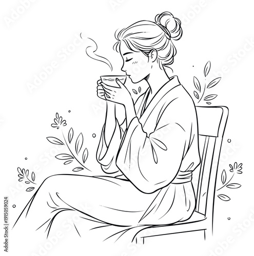 Asian woman in traditional kimono thoughtfully enjoying a cup of hot tea while seated on a chair, ideal for depicting moments of tranquility, wellness, and cultural experiences.