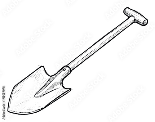Gritty hand drawn outline of a garden spade with a Thandle designed for earth moving and horticultural work suitable for tool industry branding