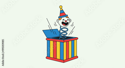 Clown emerging from a colorful striped gift box with a surprised expression