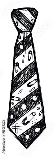 Monochrome graphic necktie in an expressive sketchy style decorated with distinct safety pins and striped patterns ideal for creating bold fashion statements or protest themed visuals