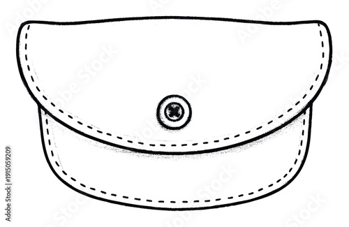 Monochrome line drawing of a traditional personal storage pouch featuring a front flap and secure button closure, useful for various craft projects and beginner sewing guides.