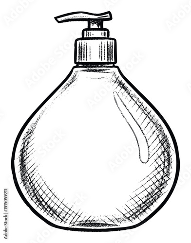 A hand drawn style liquid soap dispenser with a pump top provides a classic visual for hygiene, bath, or skincare product packaging concepts.