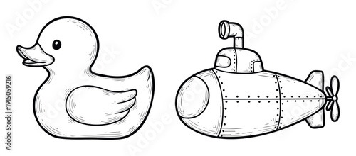 Hand drawn rubber duck toy and a vintage style submarine for childrens learning activities, printable coloring books, or educational materials for young toddlers and kids.
