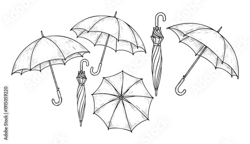 Variety of traditional open and closed umbrellas presented in a black and white engraving style ideal for weather forecasts, seasonal promotions, or apparel and product packaging