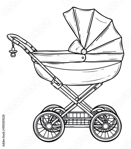 Traditional baby carriage black line drawing featuring a charming pacifier for infant care product packaging and prenatal health educational materials