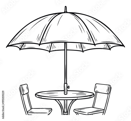 Outdoor cafe seating area featuring a large sun umbrella, a round table, and two chairs, ideal for representing dining, relaxation, and hospitality concepts in various commercial