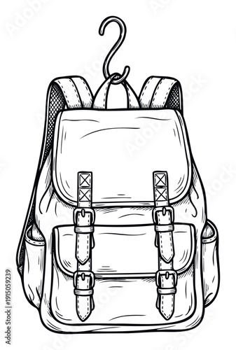 A black and white handdrawn sketch of a vintage style backpack with buckles and pockets hanging on a hook, perfect for travel themed projects or school related advertisements