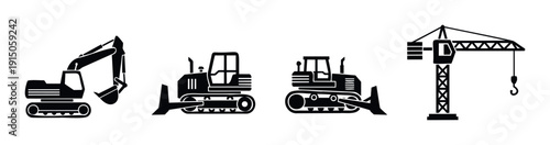 Heavy construction machinery silhouettes including excavator, bulldozer, and crane provide essential graphic assets for engineering projects, industrial websites, and building material