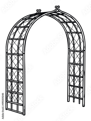 Ornate garden archway featuring a classic lattice design and decorative scrollwork, perfect for landscape architecture concepts and outdoor wedding event invitations.