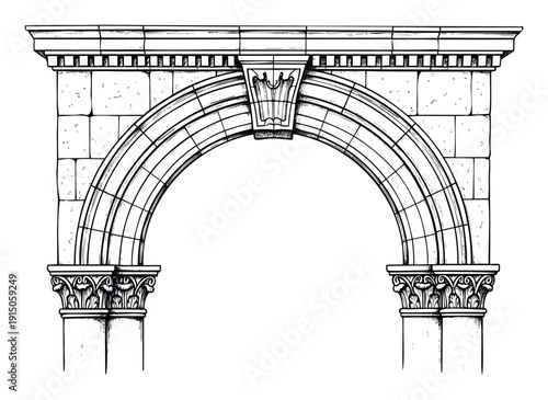 Classic architectural archway featuring decorative Corinthian capitals and robust stone blocks, ideal for historical studies or structural design visualizations.