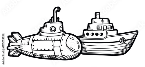 Hand drawn style depiction of a submarine and a ship showcasing marine travel and underwater discovery for educational materials and nautical themed projects.