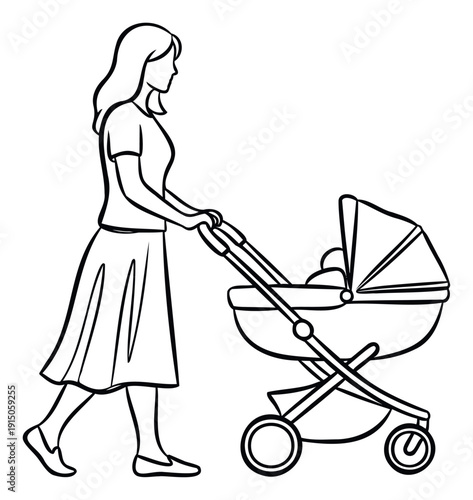 A mother walks with her baby in a stroller, depicting modern parenting and family life, perfect for maternal health and childcare resource advertisements.