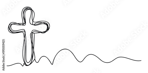 A minimalist continuous line drawing of a Christian cross symbolizing faith and hope, ideal for religious presentations, spiritual publications, or devotional themes.