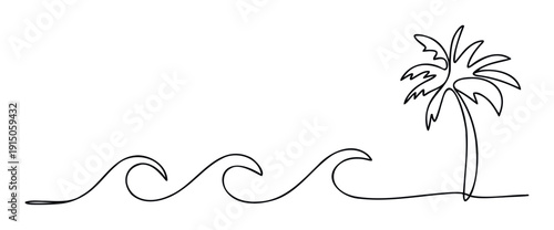 Minimalist continuous line drawing of ocean waves and a tropical palm tree, creating a serene and inviting visual for travel agency promotions, summer vacation announcements, and beach