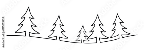 Simple continuous line drawing of a group of evergreen fir trees perfect for holiday seasonal marketing materials, winter events branding, childrens book illustrations, and contemporary