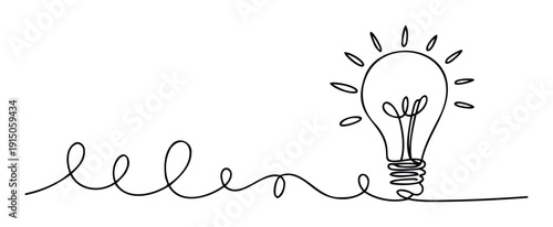 Continuous line drawing of a creative glowing light bulb evolving from a winding wire, symbolizing fresh ideas and innovation for business presentations and educational content.