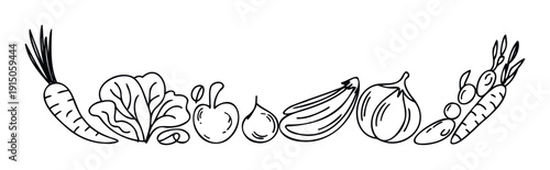 Line drawing of fresh farm produce including carrot, lettuce, apple, onion, banana, garlic, and pea, suitable for healthy eating promotions or cookbook borders.