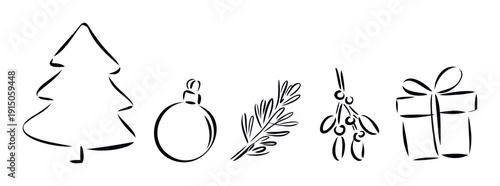 A collection of simple black line drawings depicting essential Christmas and holiday season decorations including a tree, bauble, mistletoe, and a gift box for festive greeting designs